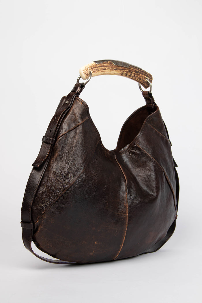 Vintage Yves Saint Laurent Brown Distressed Leather Mombasa Shoulder Bag