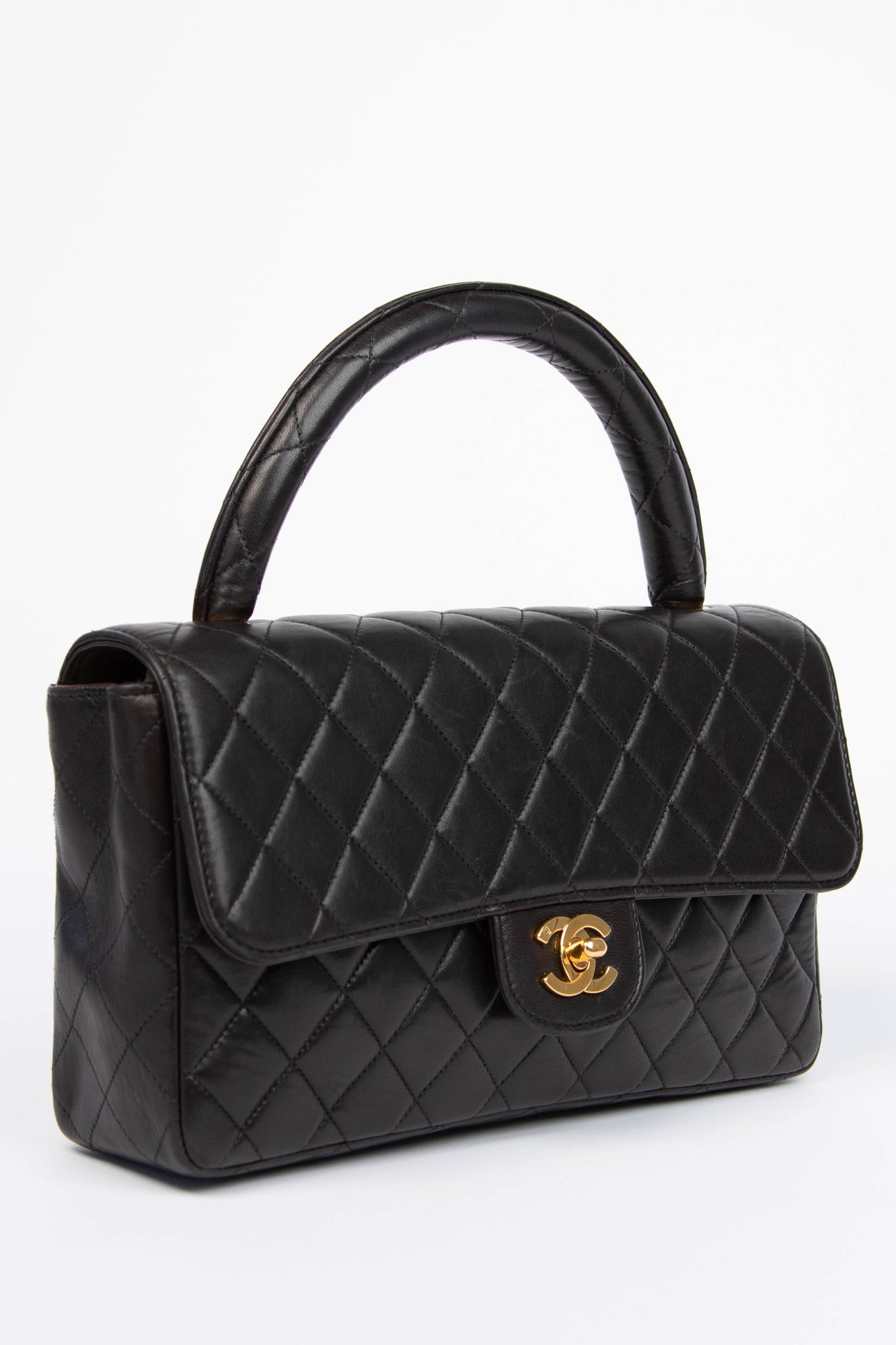 RARE 90s Chanel Black Lambskin Leather Top Handle Bag