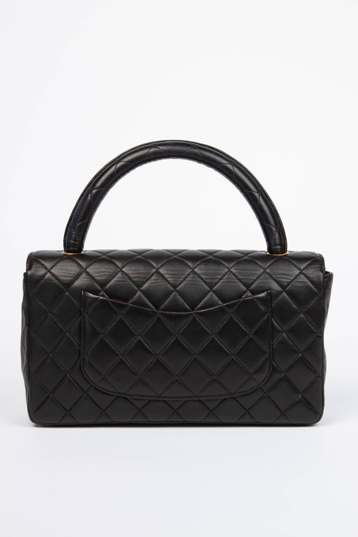 RARE 90s Chanel Black Lambskin Leather Top Handle Bag