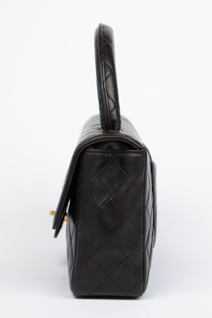 RARE 90s Chanel Black Lambskin Leather Top Handle Bag