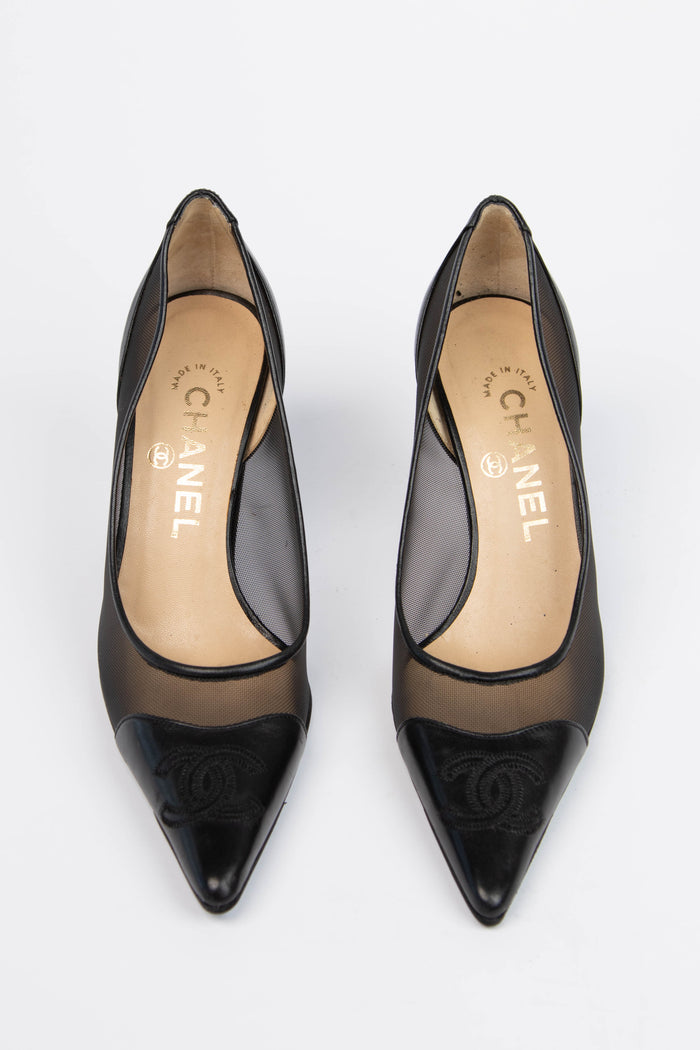 Vintage Chanel Black Mesh and Leather Pointed Toe Heel (EU 35C)