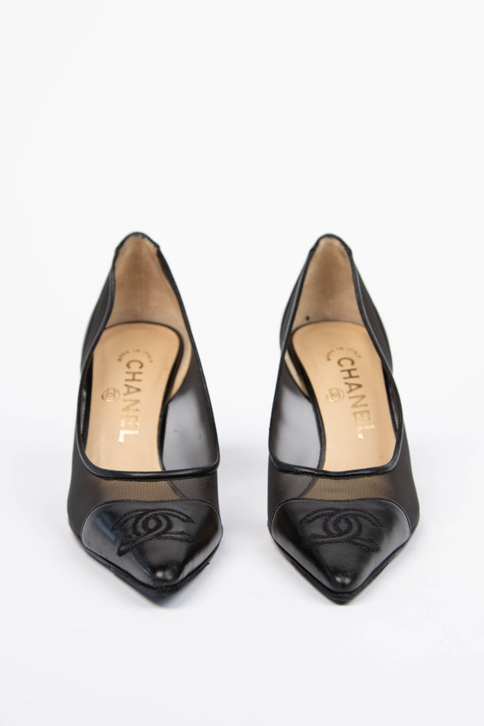 Vintage Chanel Black Mesh and Leather Pointed Toe Heel (EU 35C)