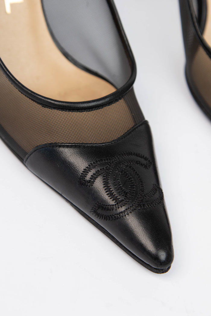 Vintage Chanel Black Mesh and Leather Pointed Toe Heel (EU 35C)