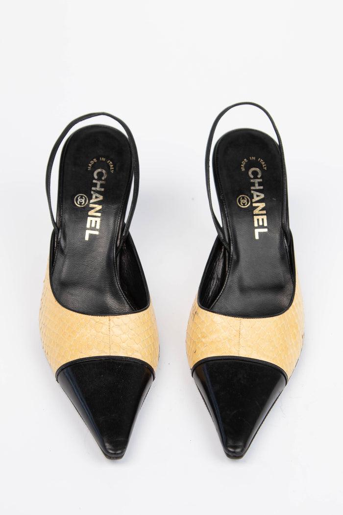 Vintage Chanel Yellow and Black Python Kitten Heels (EU 38)