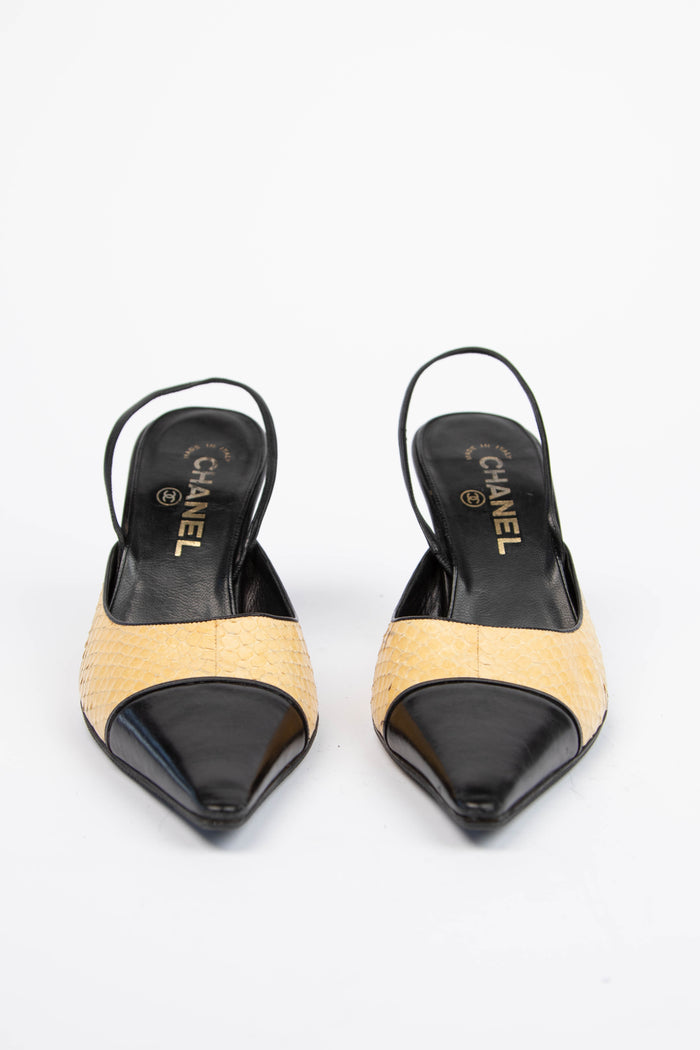 Vintage Chanel Yellow and Black Python Kitten Heels (EU 38)