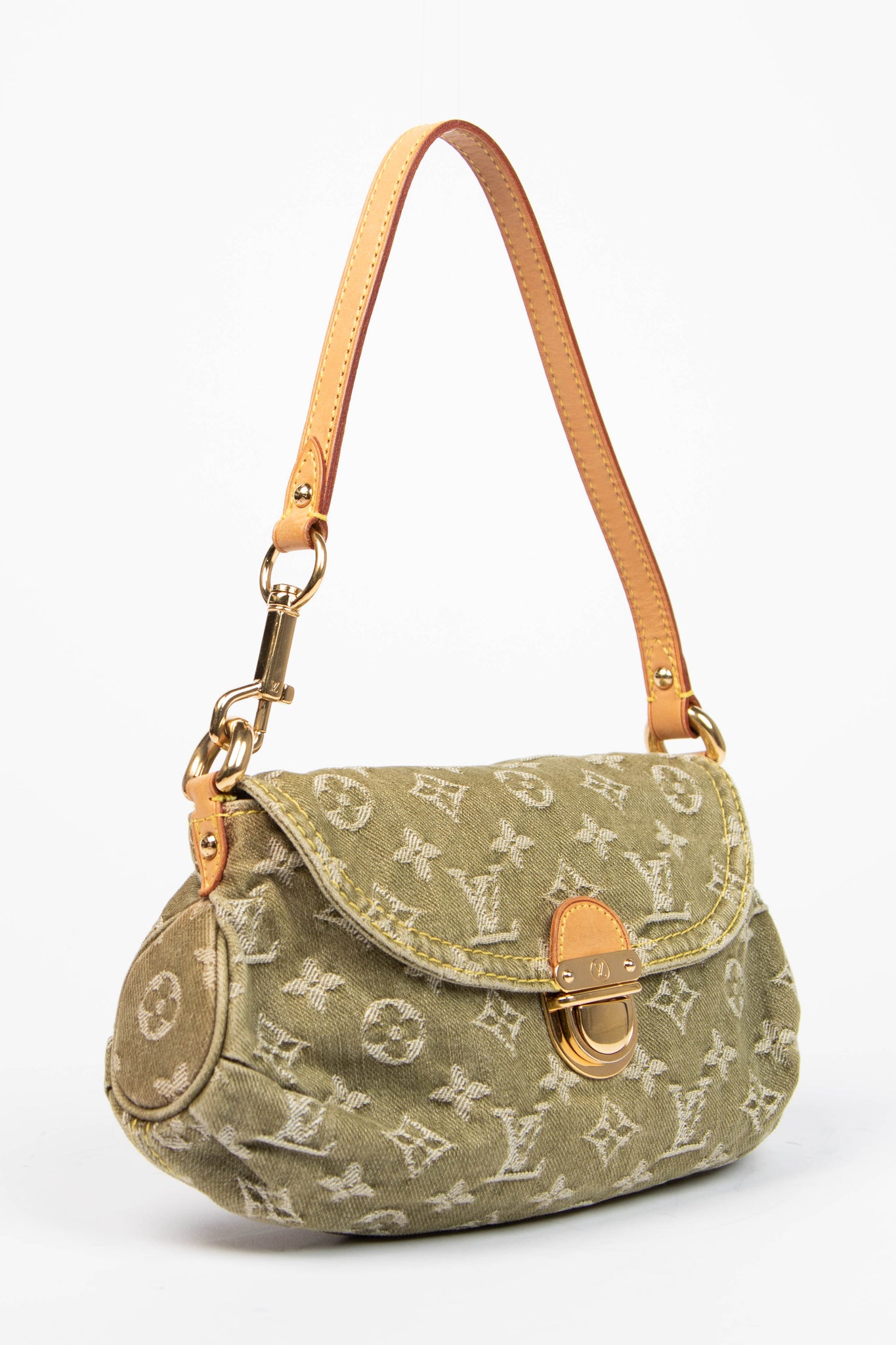 2000s Louis Vuitton Pleaty PM Green Denim Shoulder Bag