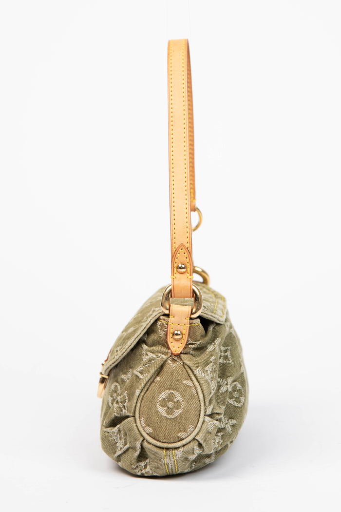 2000s Louis Vuitton Pleaty PM Green Denim Shoulder Bag