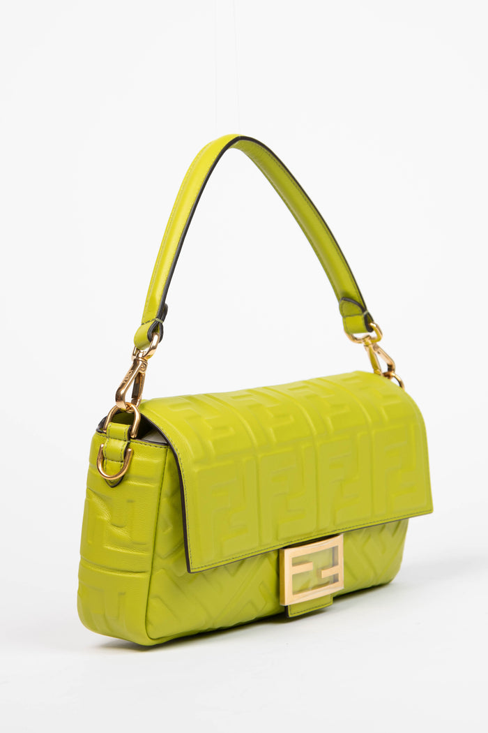 2020 Fendi Green Leather FF Embossed Baguette Shoulder Bag