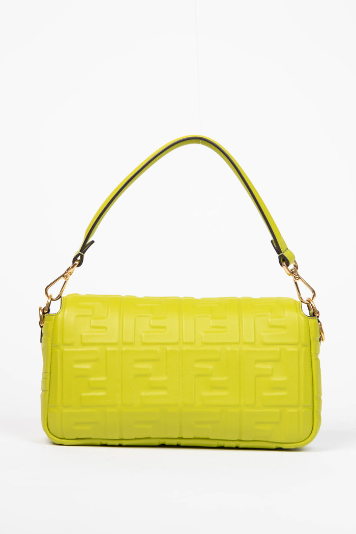 2020 Fendi Green Leather FF Embossed Baguette Shoulder Bag