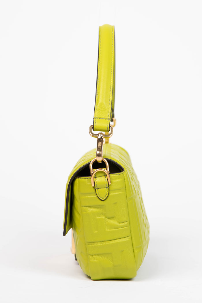 2020 Fendi Green Leather FF Embossed Baguette Shoulder Bag