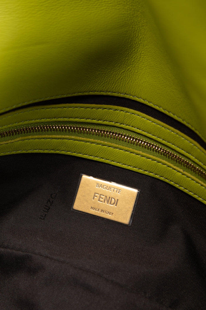 2020 Fendi Green Leather FF Embossed Baguette Shoulder Bag