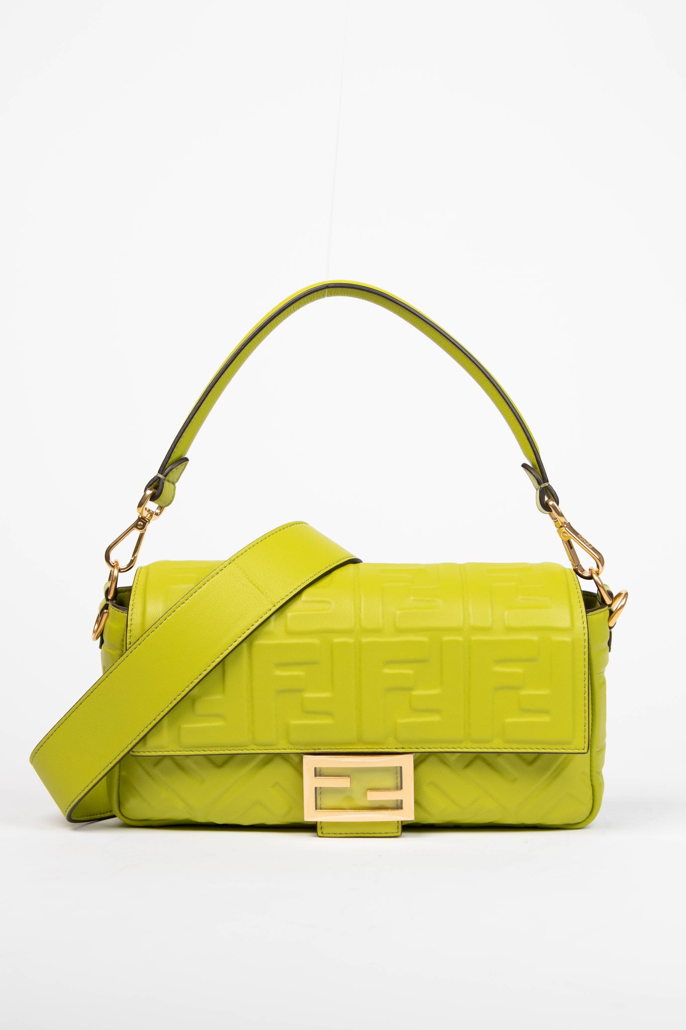 2020 Fendi Green Leather FF Embossed Baguette Shoulder Bag