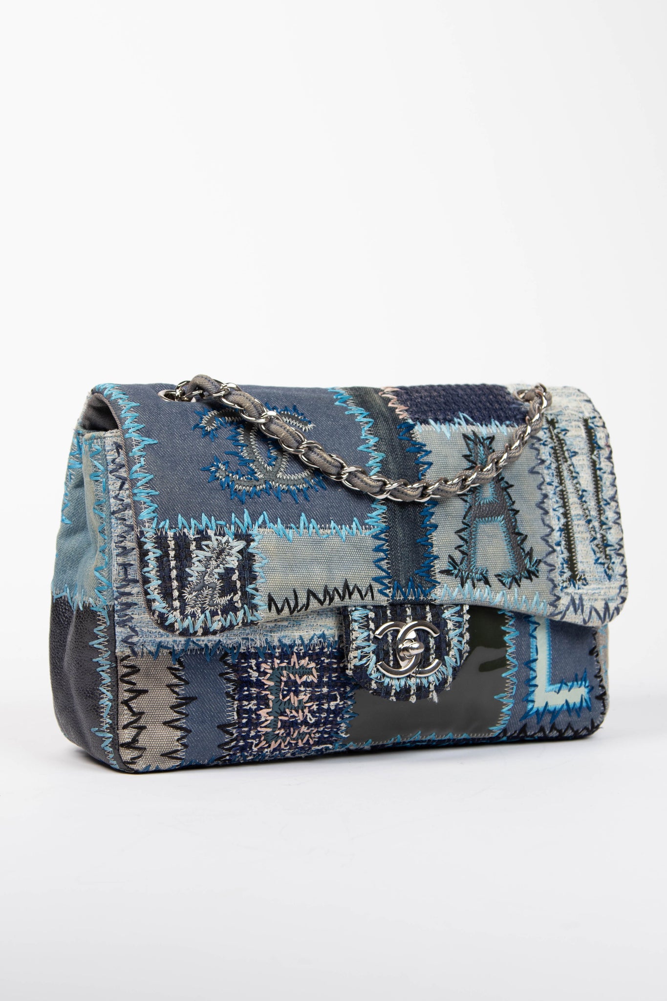 RARE 2010s Chanel Denim Patchwork Single Jumbo Flap Shoulder Bag