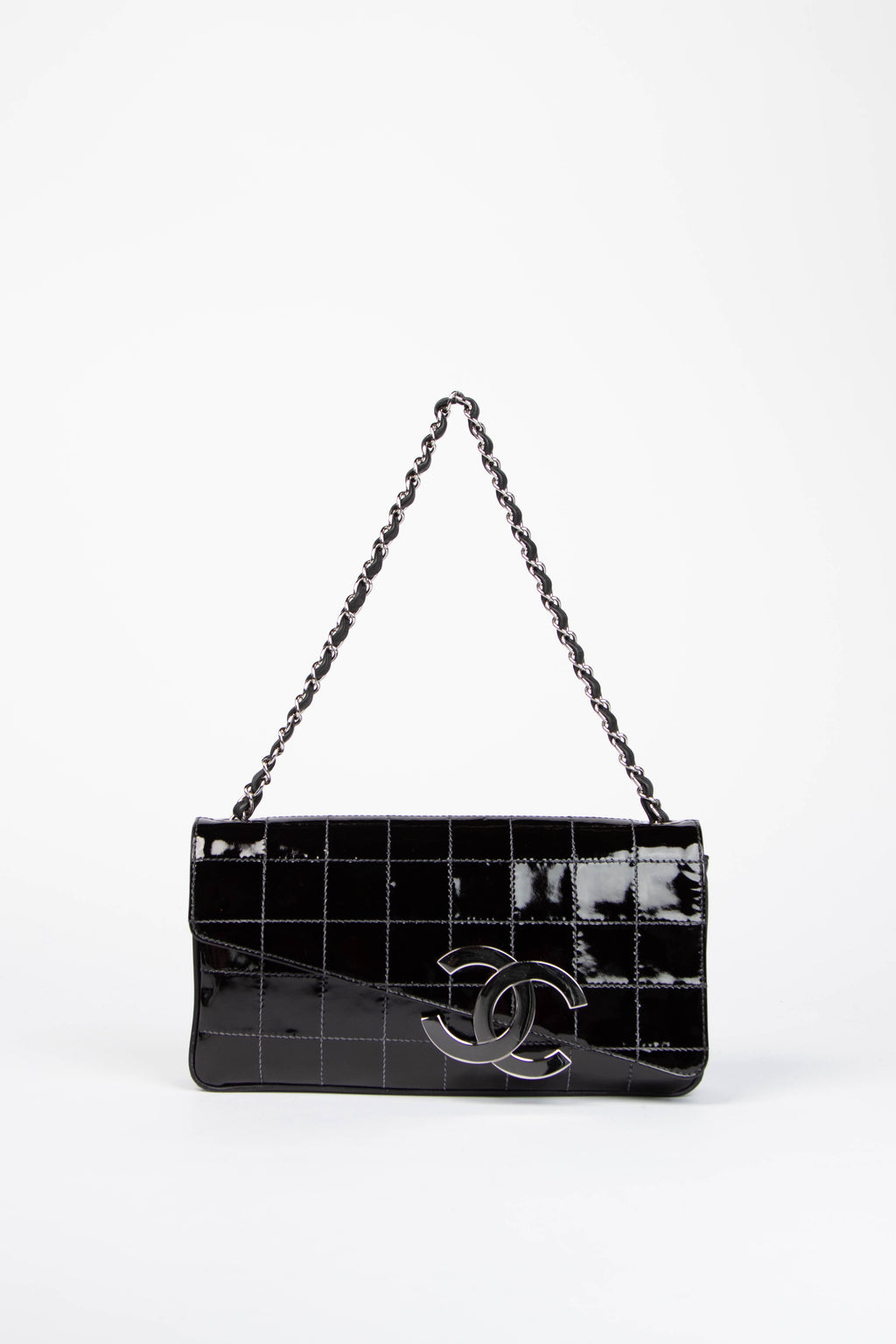 2000s Chanel Black Patent Leather Diagonal East West Chocolate Bar Flap Bag