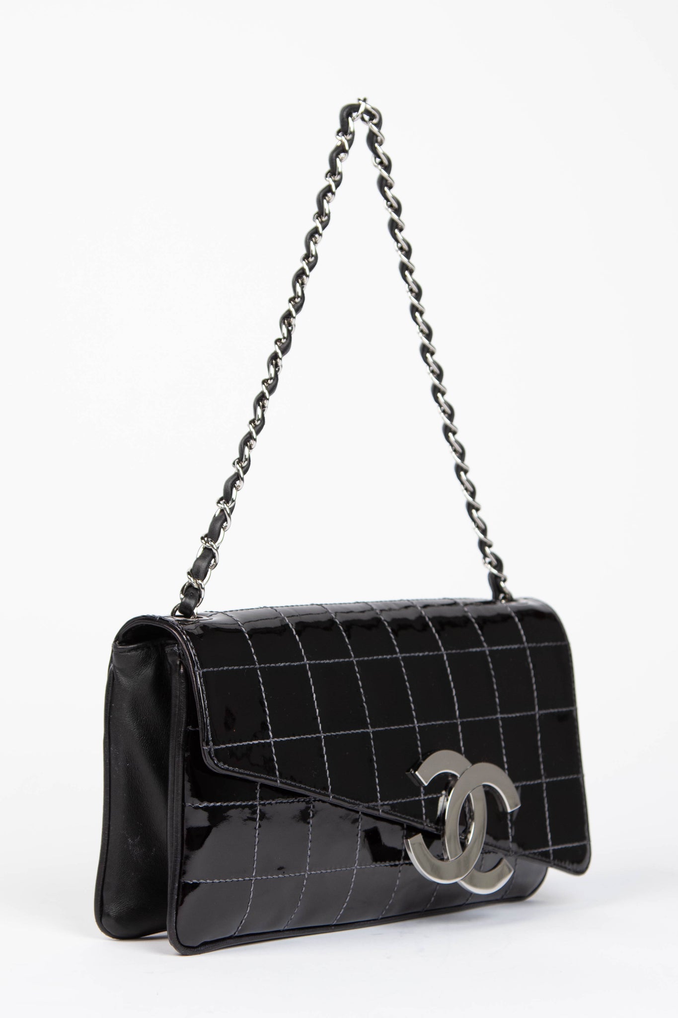 2000s Chanel Black Patent Leather Diagonal East West Chocolate Bar Flap Bag