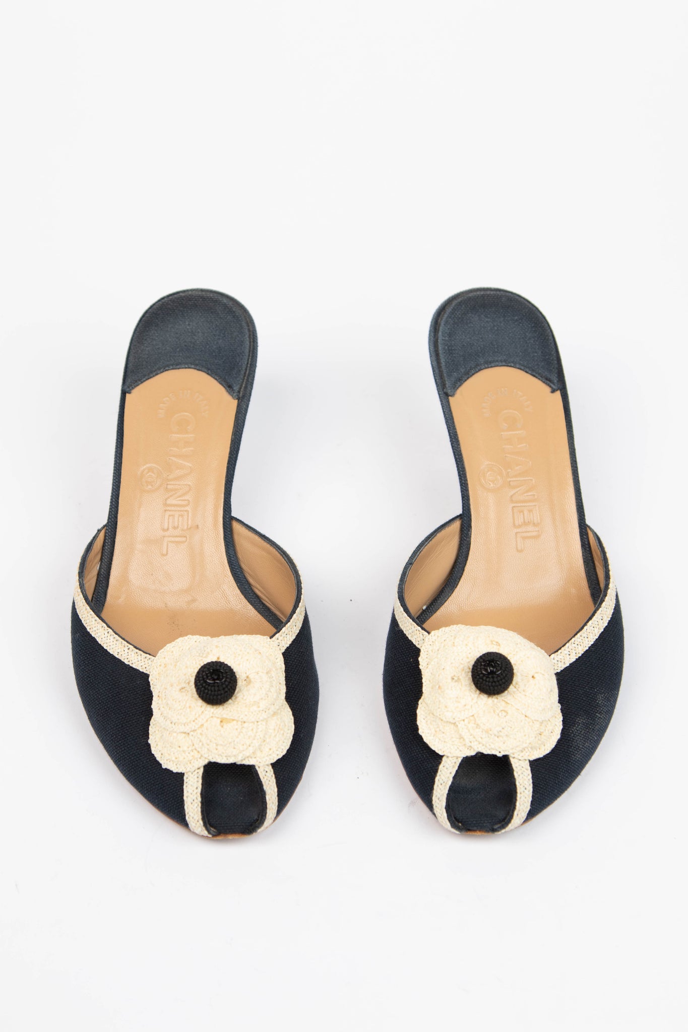 Vintage Chanel Camellia Canvas Peep Toe Heels (EU 36.5)