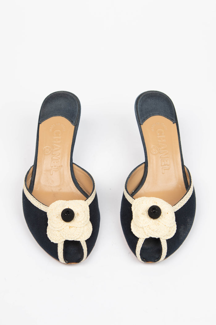 Vintage Chanel Camellia Canvas Peep Toe Heels (EU 36.5)