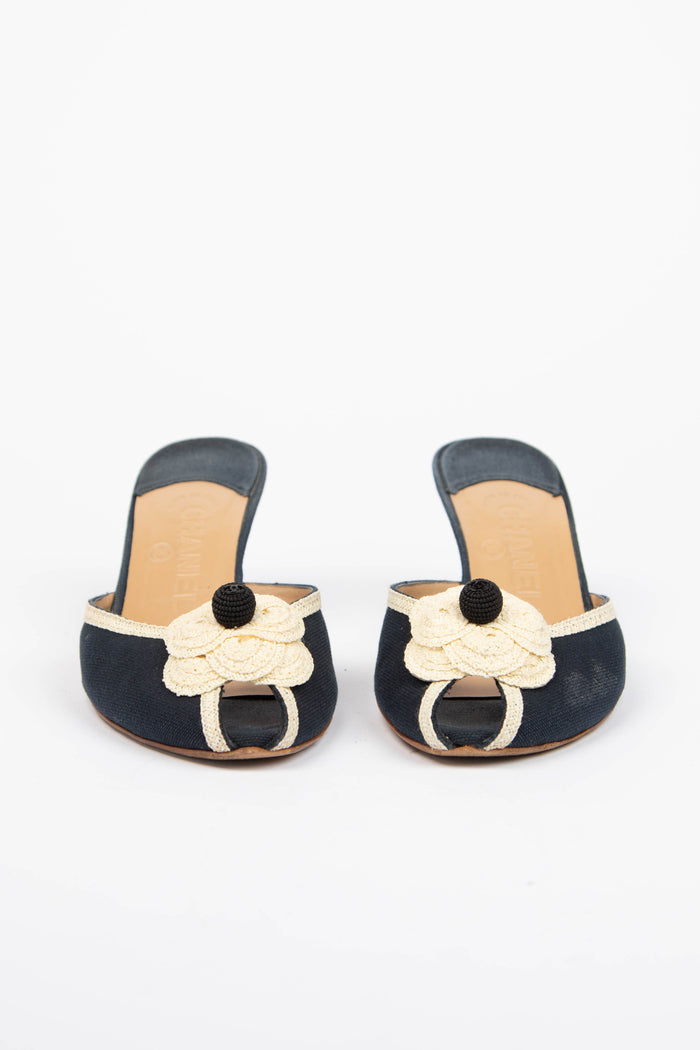 Vintage Chanel Camellia Canvas Peep Toe Heels (EU 36.5)