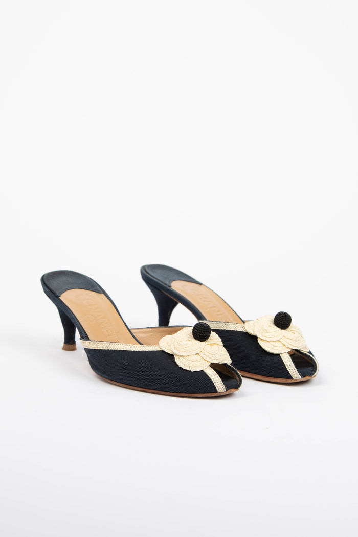 Vintage Chanel Camellia Canvas Peep Toe Heels (EU 36.5)