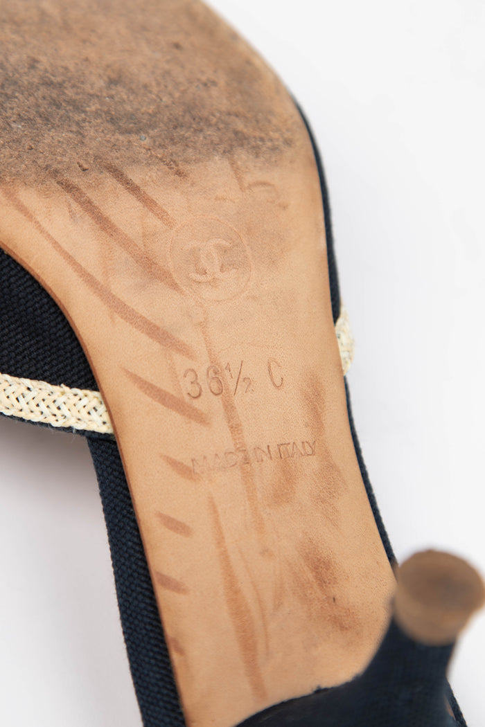 Vintage Chanel Camellia Canvas Peep Toe Heels (EU 36.5)