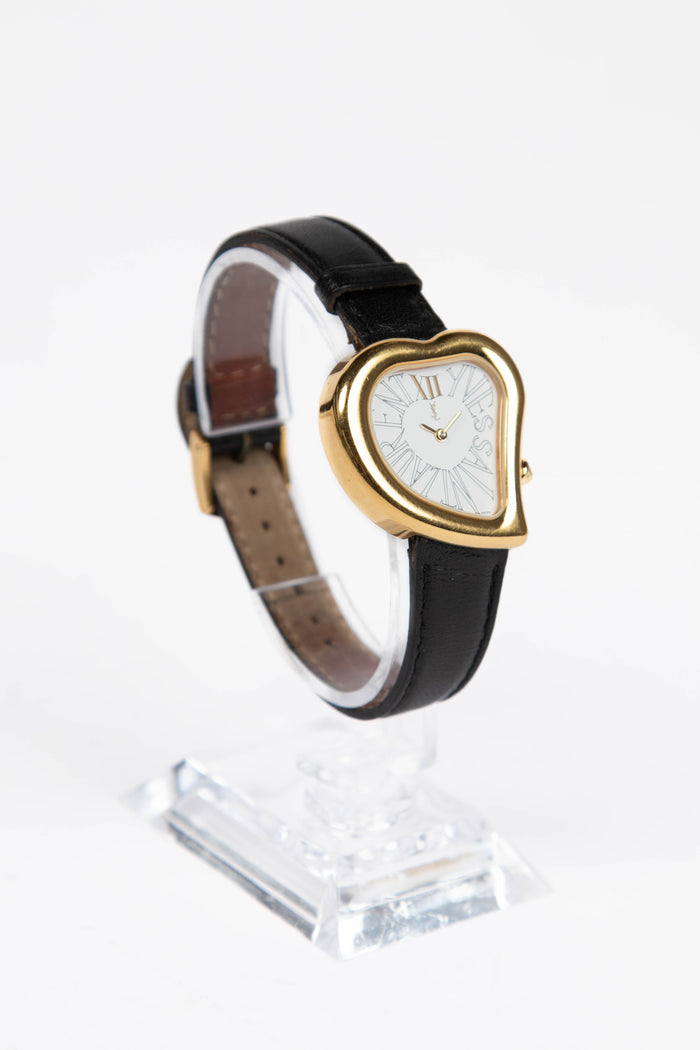RARE YSL Gold Heart & Black Leather Watch