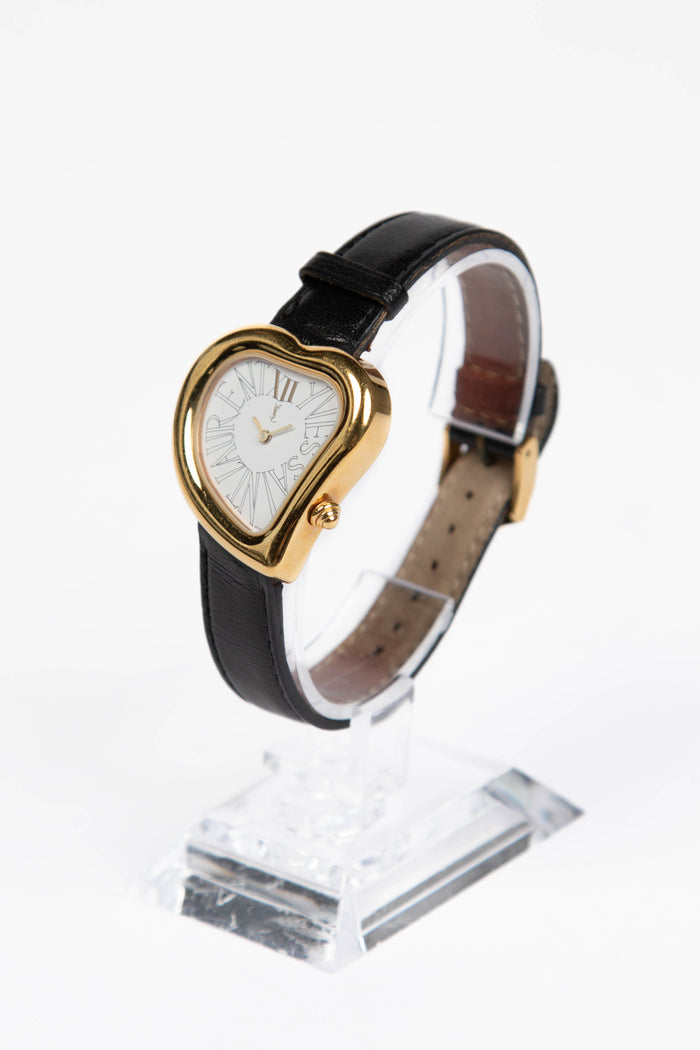 RARE YSL Gold Heart & Black Leather Watch