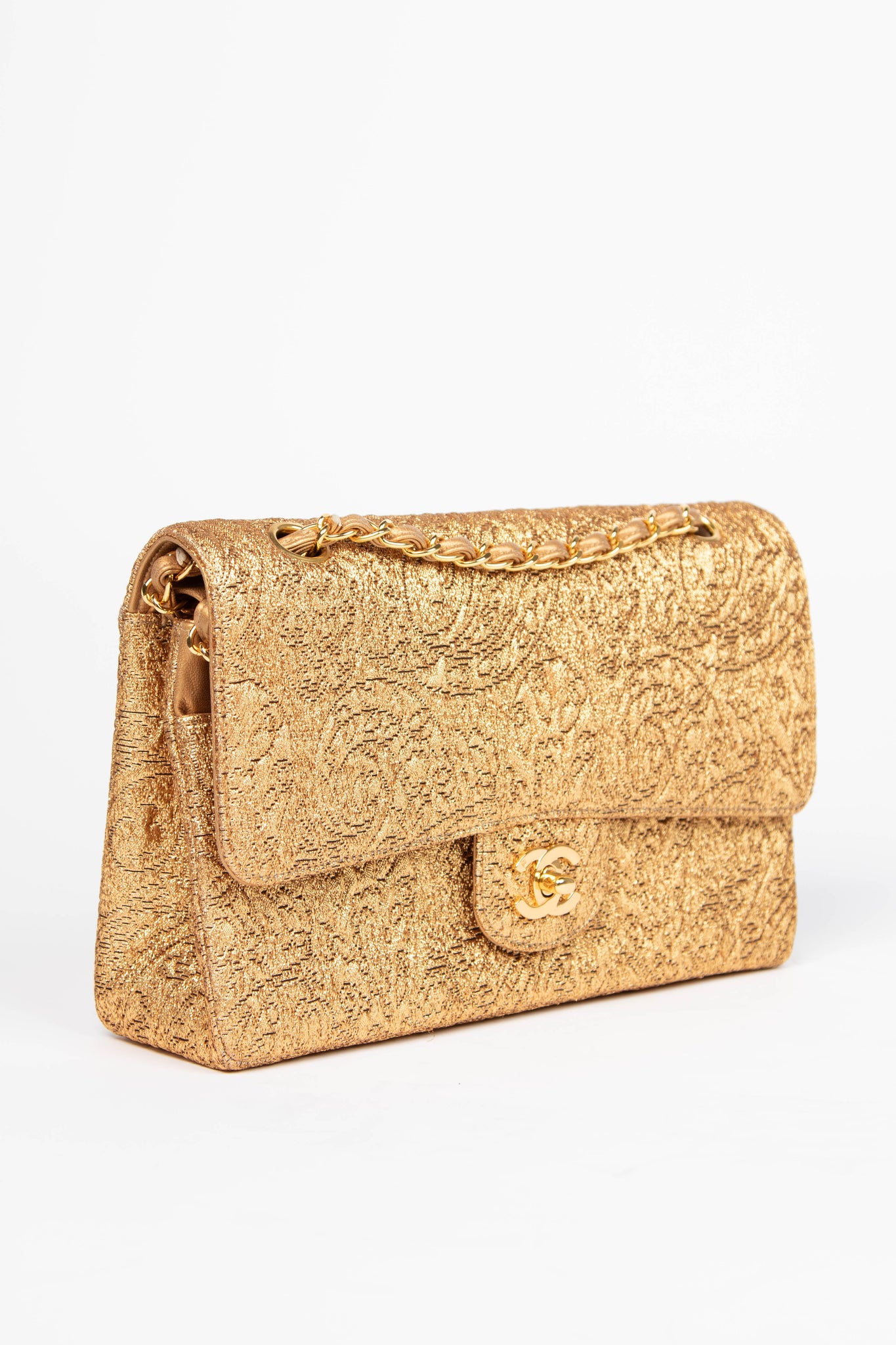 SUPER RARE 90s Chanel Gold Brocade Medium Double Flap Shoulder Bag