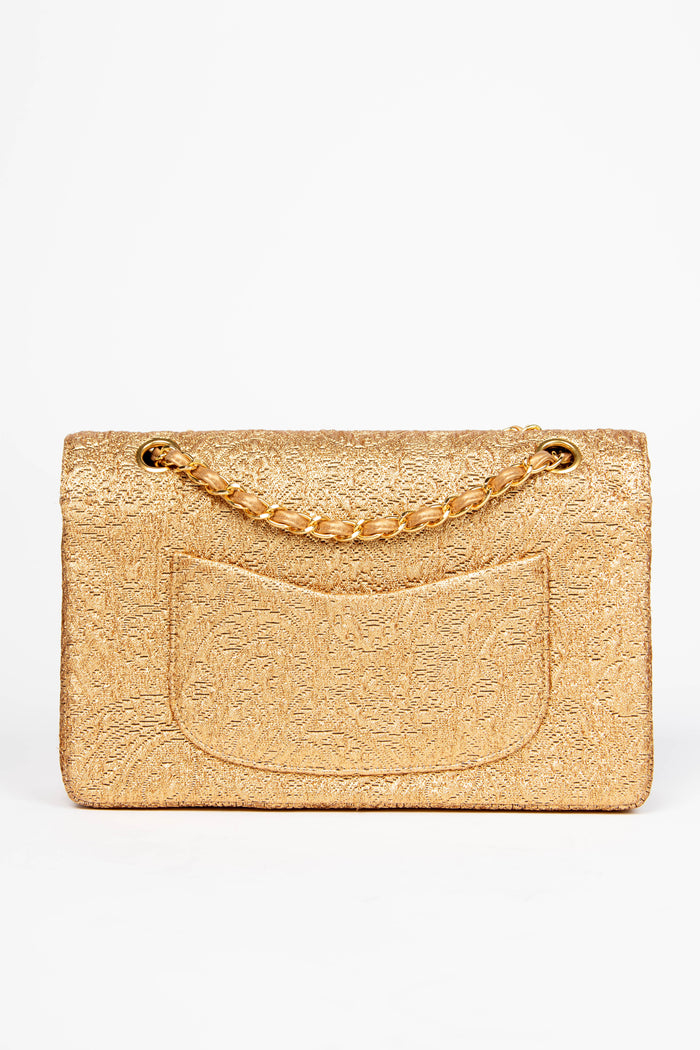 SUPER RARE 90s Chanel Gold Brocade Medium Double Flap Shoulder Bag