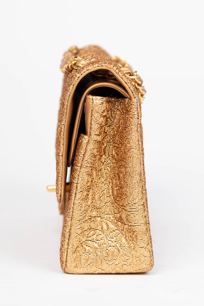 SUPER RARE 90s Chanel Gold Brocade Medium Double Flap Shoulder Bag