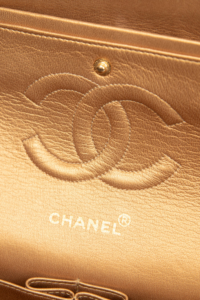 SUPER RARE 90s Chanel Gold Brocade Medium Double Flap Shoulder Bag