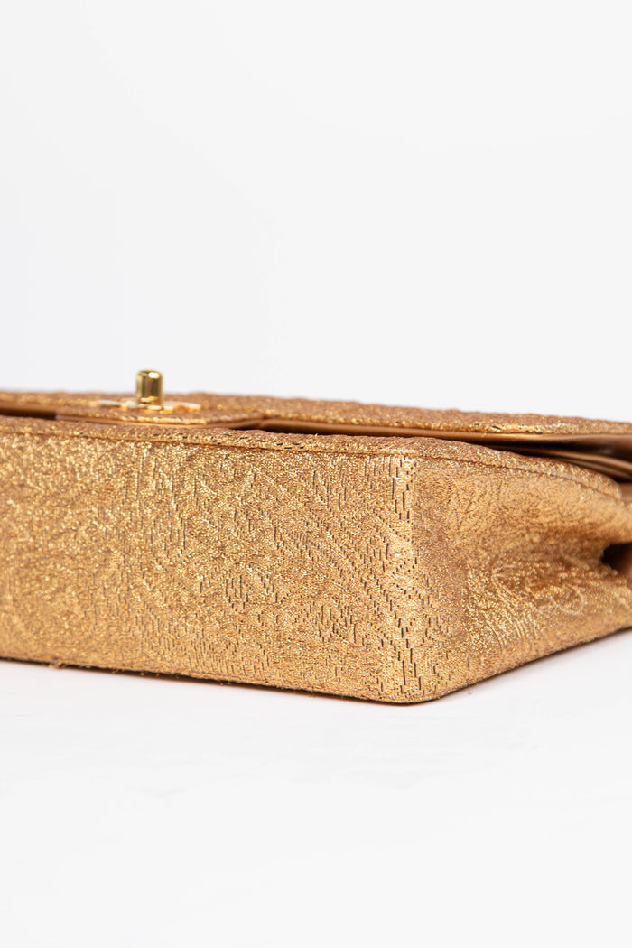 SUPER RARE 90s Chanel Gold Brocade Medium Double Flap Shoulder Bag