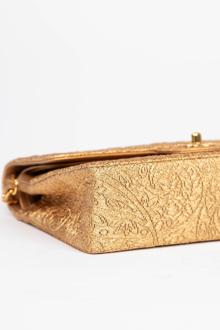 SUPER RARE 90s Chanel Gold Brocade Medium Double Flap Shoulder Bag