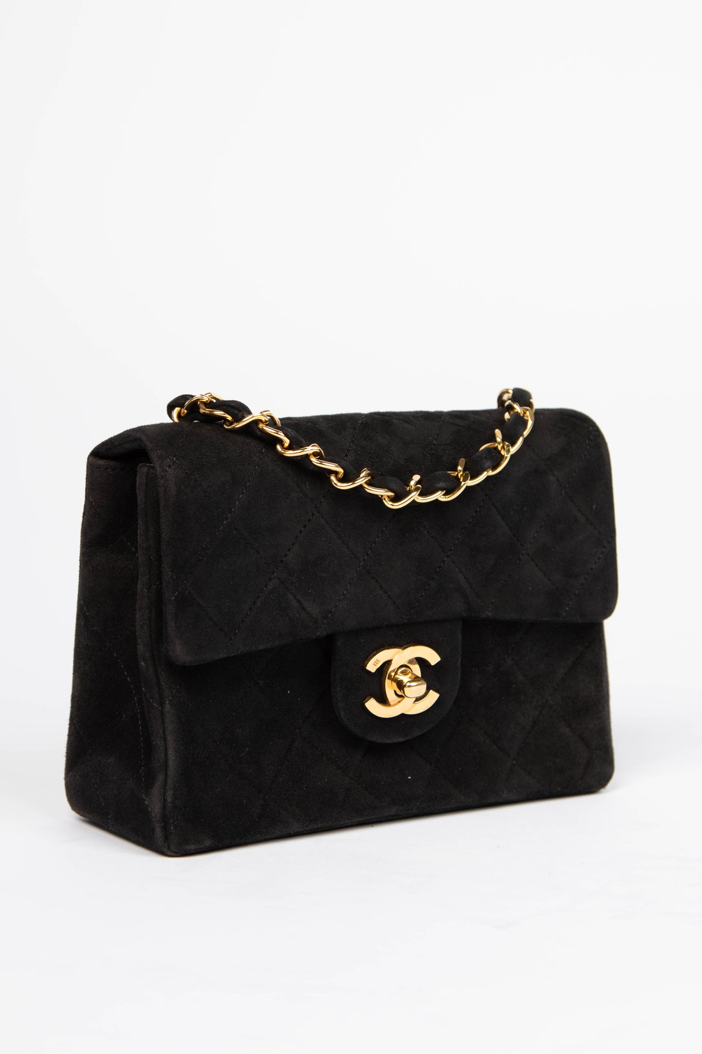RARE Vintage Chanel Black Suede Mini Square Single Flap with 24k GHW