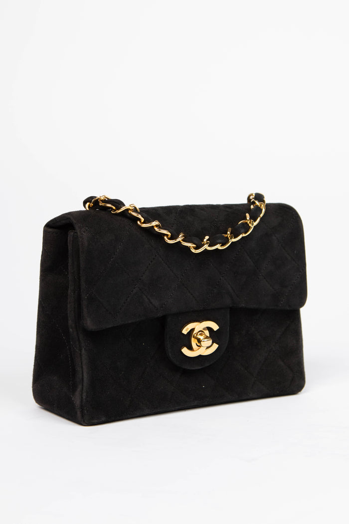 RARE Vintage Chanel Black Suede Mini Square Single Flap with 24k GHW
