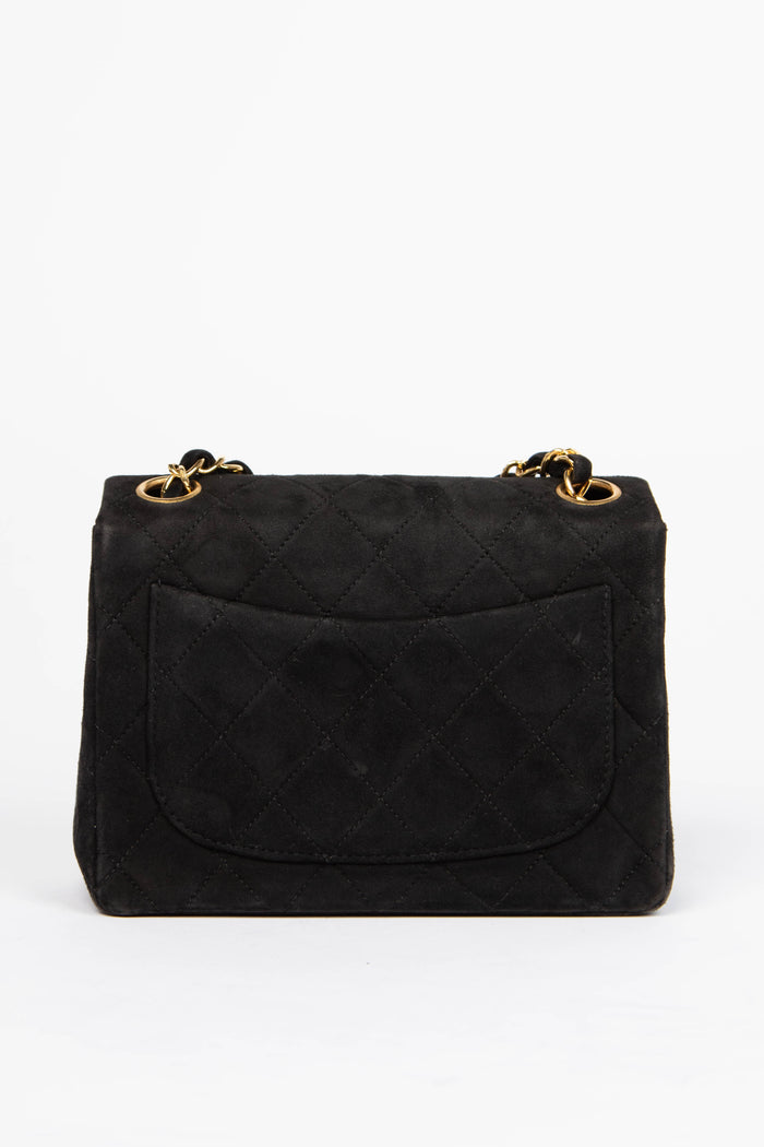 RARE Vintage Chanel Black Suede Mini Square Single Flap with 24k GHW