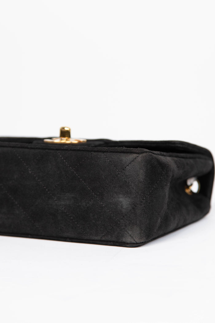 RARE Vintage Chanel Black Suede Mini Square Single Flap with 24k GHW