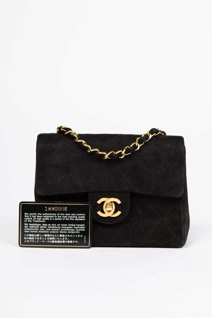 RARE Vintage Chanel Black Suede Mini Square Single Flap with 24k GHW