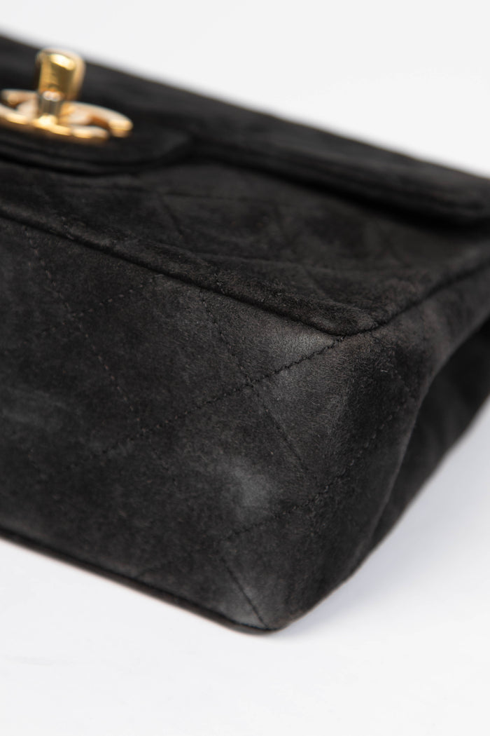 RARE Vintage Chanel Black Suede Mini Square Single Flap with 24k GHW