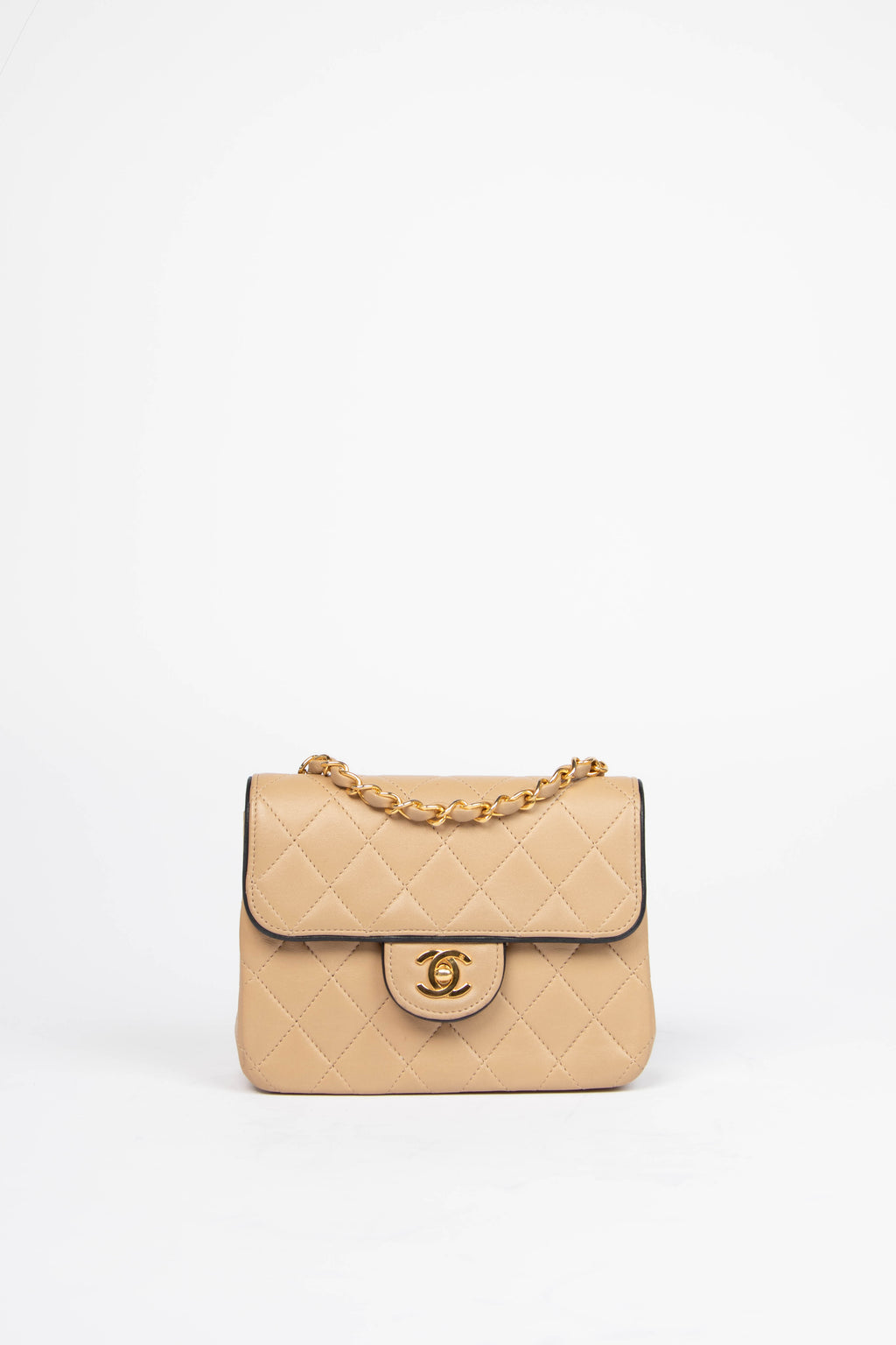 90s Chanel Beige Lambskin Mini Square Flap Bag with 24K GHW