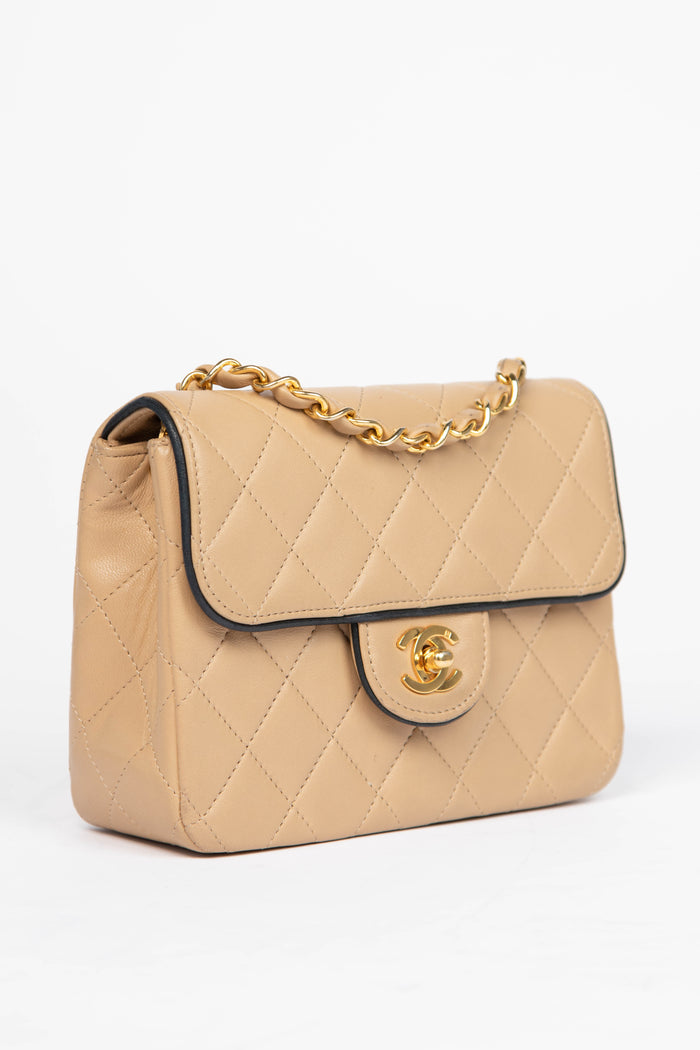 90s Chanel Beige Lambskin Mini Square Flap Bag with 24K GHW