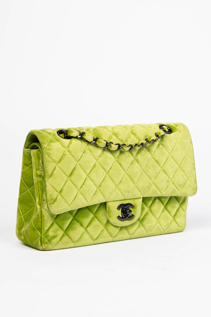 2010s Chanel Green Velvet Medium Double Flap Shoulder Bag