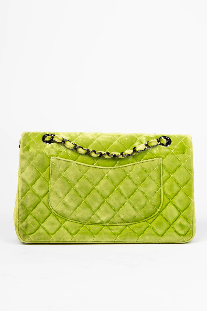 2010s Chanel Green Velvet Medium Double Flap Shoulder Bag