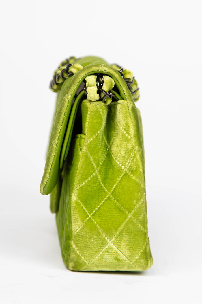 2010s Chanel Green Velvet Medium Double Flap Shoulder Bag