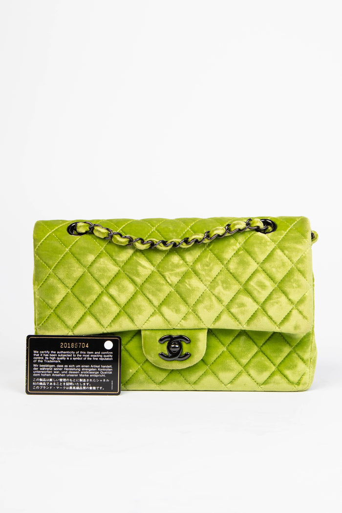 2010s Chanel Green Velvet Medium Double Flap Shoulder Bag