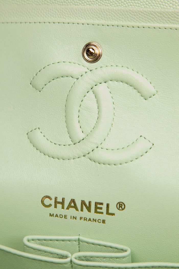2020s Chanel Mint Green Caviar Leather Small Double Flap Bag