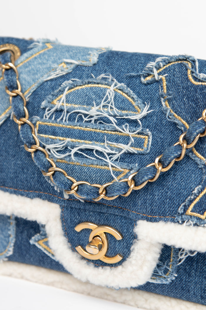 RARE 2019 Chanel Paris-Egypt Denim and Shearling Hieroglyph Flap Bag