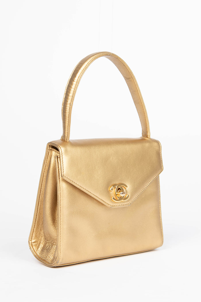 90s Chanel Gold Lambskin Leather Envelope Small Top Handle Bag