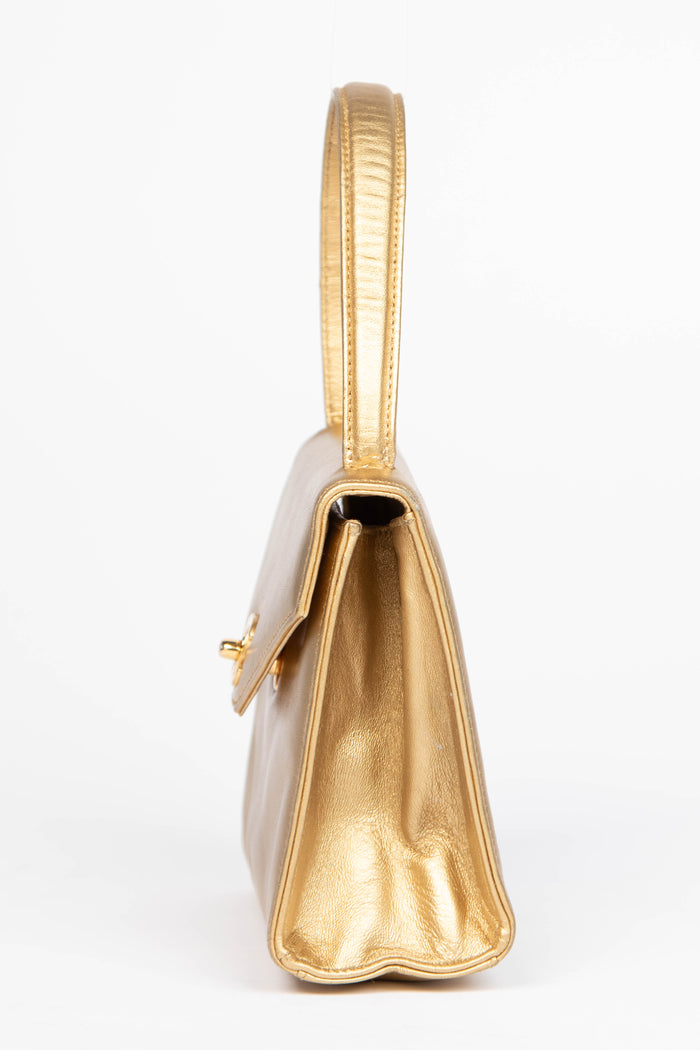 90s Chanel Gold Lambskin Leather Envelope Small Top Handle Bag