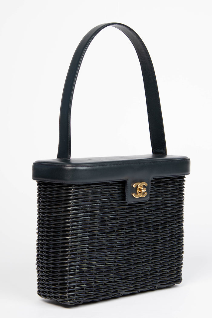 RARE Chanel Black Wicker Basket Small Top Handle Bag