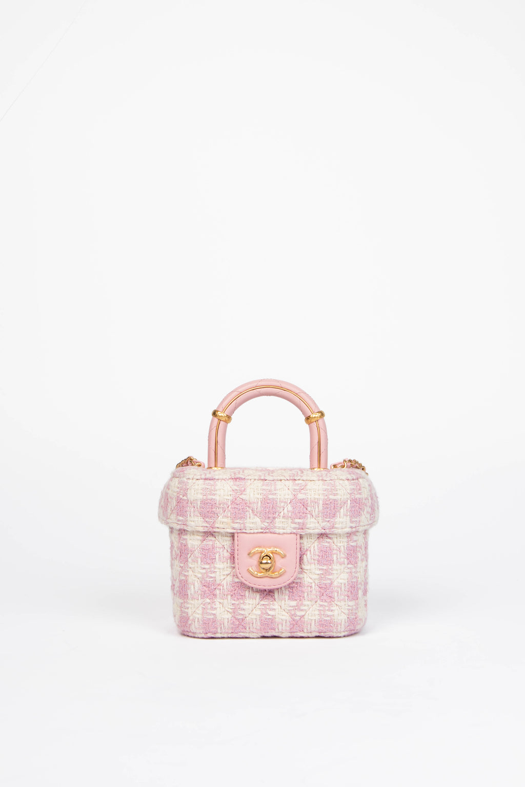 2023 Chanel Pink Houndstooth Tweed Mini Vanity Bag